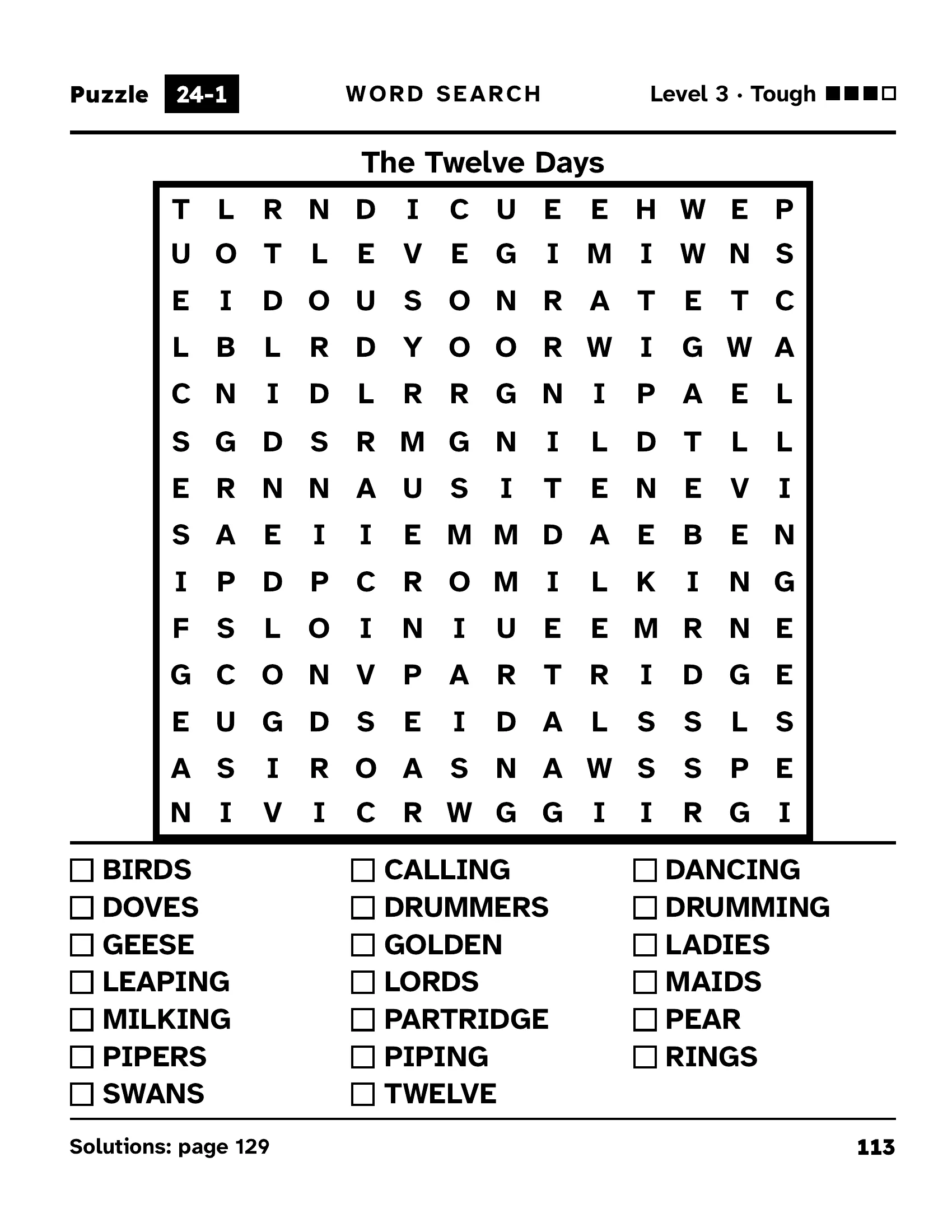 A word search page from the book titled The Twelve Days: a 14 by 14 grid of large capital letters with a word list underneath.
